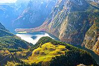 Panoramic view of Lake Königssee surrounded by colorful autumn mountains, Berchtesgaden National Park, Schönau am Königssee, Bavaria, Germany [IBR123700001]