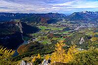 Panoramic view of a green valley with autumnal mountains, Berchtesgaden National Park, Schönau am Königssee, Bavaria, Germany [IBR123700011]