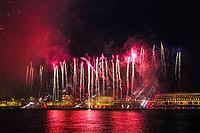 Fireworks over the river. Bright laser show. Holiday in the city. Summer performance [IBR123700086]