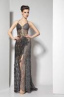 Portrait of young beautiful caucasian brunette in gorgeous dress on white background [IBR123723176]