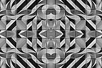 Abstract photography with symmetrical, abstract patterns that consist of sharp geometric and wavy shapes in shades of black, white and gray [IBR123760815]
