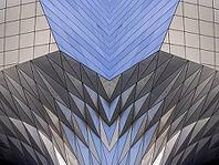 Abstract photography with a symmetrical, diamond-shaped shape that consists of repetitive lines and surfaces in shades of gray, white and blue and creates an impression of rhythm, depth and cool geometric harmony [IBR123760819]