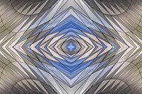 Abstract photography with a symmetrical, diamond-shaped shape that consists of repetitive lines and surfaces in shades of gray, white and blue and creates an impression of rhythm, depth and cool geometric harmony [IBR123760823]