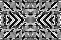 Abstract photography with symmetrical, abstract patterns that consist of sharp geometric and wavy shapes in shades of black, white and gray [IBR123760826]