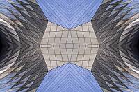 Abstract photography with a symmetrical, diamond-shaped shape that consists of repetitive lines and surfaces in shades of gray, white and blue and creates an impression of rhythm, depth and cool geometric harmony [IBR123760827]