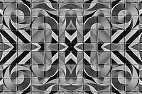 Abstract photography with symmetrical, abstract patterns that consist of sharp geometric and wavy shapes in shades of black, white and gray [IBR123760830]