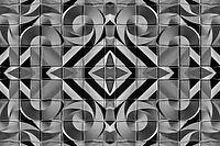 Abstract photography with symmetrical, abstract patterns that consist of sharp geometric and wavy shapes in shades of black, white and gray [IBR123760832]