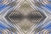 Abstract photography with a symmetrical, diamond-shaped shape that consists of repetitive lines and surfaces in shades of gray, white and blue and creates an impression of rhythm, depth and cool geometric harmony [IBR123760837]