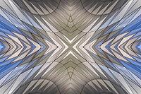 Abstract photography with a symmetrical, diamond-shaped shape that consists of repetitive lines and surfaces in shades of gray, white and blue and creates an impression of rhythm, depth and cool geometric harmony [IBR123760847]