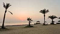 Romantic sunrise over the sea on a quiet sandy beach with palm trees, Shoni Bay, Egypt [IBR123769631]