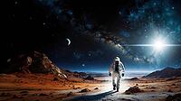 Astronaut walking on the surface of an extrasolar planet, space exploration concept, AI generated [IBR123769670]