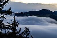 Fog flow, high fog flows over Unteren Hauenstein Pass into the Basel area, long exposure, Wisenberg, Baselland, Switzerland [IBR123769695]