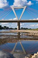 Airport bridge of the A44, cable-stayed bridge, reflection, motorway bridge across the Rhine near Meerbusch Düsseldorf, North Rhine-Westphalia, Germany [IBR123769703]