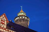 Sinwell Tower built in the 13th century, on the Nuremberg Kaiserburg in the evening lighting, blue evening sky, Mount of Olives, Nuremberg, Middle Franconia, Bavaria, Germany [IBR123774718]
