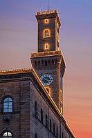 Fürth Town Hall in evening lighting, the tower, is imitated the tower of the Palazzo Vecchio in Florence, evening sky, Fürth, Middle Franconia, Bavaria, Germany [IBR123774719]