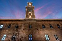 Fürth Town Hall in evening lighting, the tower, is imitated the tower of the Palazzo Vecchio in Florence, evening sky, Fürth, Middle Franconia, Bavaria, Germany [IBR123774720]
