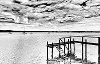 Sailboat, boat dock, Lake Ammer, Voralpensee, tourism, local recreation, vacation, greater Munich area, black and white photo, Upper Bavaria, Bavaria, Germany [IBR123774733]