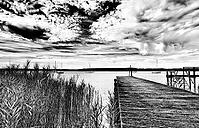 Sailboat, boat dock, Lake Ammer, Voralpensee, tourism, local recreation, vacation, greater Munich area, black and white photo, Upper Bavaria, Bavaria, Germany [IBR123774734]