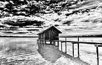 Boat dock, boathouse, Lake Ammer, Voralpensee, tourism, local recreation, vacation, greater Munich area, black and white photo, Upper Bavaria, Bavaria, Germany [IBR123774735]