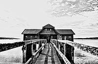 Boat dock, boathouse, Lake Ammer, Voralpensee, tourism, local recreation, vacation, greater Munich area, black and white photo, Upper Bavaria, Bavaria, Germany [IBR123774738]