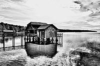 Boat dock, boathouse, Lake Ammer, Voralpensee, tourism, local recreation, vacation, greater Munich area, black and white photo, Upper Bavaria, Bavaria, Germany [IBR123774739]