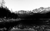 Zugspitze, Eibsee lake, Wetterstein Mountains, autumn, pre-alpine lake, tourism, local recreation, black and white photo, vacation, Zugspitze massif, Garmisch-Partenkirchen, Upper Bavaria, Bavaria, Germany [IBR123774744]