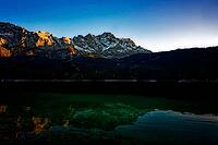 Zugspitze, cable car, Eibsee lake, Wetterstein Mountains, autumn, pre-alpine lake, tourism, local recreation, sunset, vacation, Zugspitze massif, Garmisch-Partenkirchen, Upper Bavaria, Bavaria, Germany [IBR123774745]