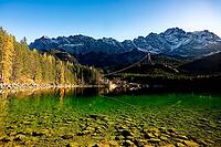 Zugspitze, cable car, Eibsee lake, Wetterstein Mountains, autumn, Voralpensee, tourism, recreation, vacation, Zugspitze massif, Garmisch-Partenkirchen, Upper Bavaria, Bavaria, Germany [IBR123774747]