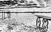 Sailboat, boat dock, Lake Ammer, Voralpensee, tourism, local recreation, vacation, greater Munich area, black and white photo, Upper Bavaria, Bavaria, Germany [IBR123774749]