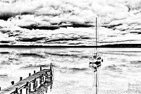 Sailboat, boat dock, Lake Ammer, Voralpensee, tourism, local recreation, vacation, greater Munich area, black and white photo, Upper Bavaria, Bavaria, Germany [IBR123774751]