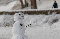 Winter symbol, snowman on a hiking trail on the Elbe, Hamburg, Germany [IBR123790050]