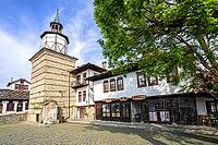 The square and the clock tower in the old town of Tryavna, Bulgaria. Der Platz und der Uhrturm in der Altstadt von Trjawna, Bulgarien [IBR123790577]