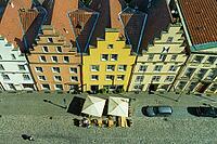 Aerial view of gabled houses at Markt Osnabrück, Lower Saxony, Germany [IBR123893374]