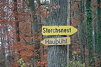 Town signs in Mainhardt Forest, Stork's Nest, Haubühl, Robbers from Mainhardt Forest, Mainhardt, Countryside, Forest, Germany [IBR112941790]