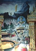 Naraka, depiction of Buddhist hell in a temple in Bangkok. A type of hell or underworld called Narak or Naraka is also found in Hinduism, Sikhism, and Jainism. Yama, the Tibetan Buddhist lord of the Hell Empire, also made his first appearance in the Vedas [IBR112941802]