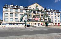 Largest light arch in the world, Erzgebirgischer Schwibbogen on the façade of an industrial building in Gelenau, Ore Mountains, Saxony, Germany [IBR123911466]