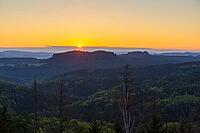Sunrise at Bernhardstein viewpoint with views of Pfaffenstein and Gohrisch, Saxon Switzerland, Saxony, Germany [IBR123911475]