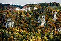 Autumnal forest and Wildenstein Castle, Rauher Stein viewpoint, near Leibertingen, Upper Danube nature park Park, Upper Danube Valley, Danube, Swabian Jura, Baden-Württemberg, Germany [IBR123911544]