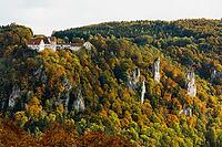 Autumnal forest and Wildenstein Castle, Rauher Stein viewpoint, near Leibertingen, Upper Danube nature park Park, Upper Danube Valley, Danube, Swabian Jura, Baden-Württemberg, Germany [IBR123911545]