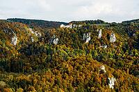 Autumnal forest and Wildenstein Castle, Rauher Stein viewpoint, near Leibertingen, Upper Danube nature park Park, Upper Danube Valley, Danube, Swabian Jura, Baden-Württemberg, Germany [IBR123911546]
