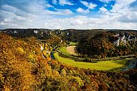 Autumnal forest and Wildenstein Castle, Rauher Stein viewpoint, near Leibertingen, Upper Danube nature park Park, Upper Danube Valley, Danube, Swabian Jura, Baden-Württemberg, Germany [IBR123911547]