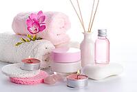 Spa setting and health care items, body lotion, soap, aroma sticks, oil, sponges and towels [IBR123999894]