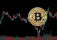 Graph rate chart Bitcoin digital money against the black background. Bitcoin currency rate. Business concept [IBR124036430]