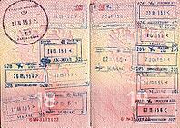 Travel background from Russian passport pages with visa stamps [IBR124036451]