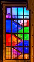 View through the windows of a brightly lit staircase. Frankfurter Mainova AG building, city center, Frankfurt am Main, Hesse, Germany [IBR124084174]