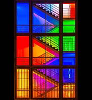 View through the windows of a brightly lit staircase. Frankfurter Mainova AG building, city center, Frankfurt am Main, Hesse, Germany [IBR124084177]