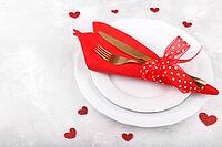 Romantic table setting on white stone table. Valentine's day card template [IBR124084188]