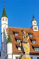 Medieval sculpture of Saint Florian with sign on the market fountain in baroque style, in the background the roof with clock on the small tower of the magnificent town hall in the old town of Biberach, Biberach an der Riß, Upper Swabia, Baden-Württemberg, [IBR124200502]