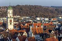 Panorama of the roofs of the old town of Biberach from the top of the Gigelberg Tower with the dominant tower of the parish church of St. Martin and the palatial town hall building, Biberach an der Riß, Upper Swabia, Baden-Württemberg, Germany [IBR124200503]