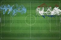 Micronesia vs Netherlands Soccer Match, national colors, national flags, soccer field, football game, Competition concept, Copy space [IBR124240893]